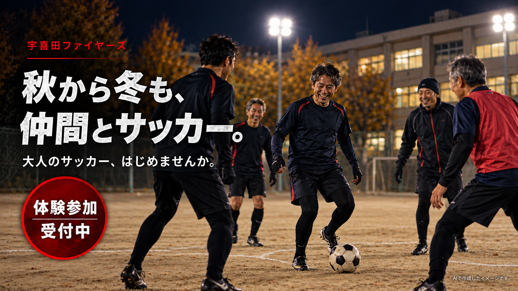 宇喜田ファイヤーズ：秋冬の中学校の土のグラウンドを想定した体験募集イメージ。AIで作成したイメージです