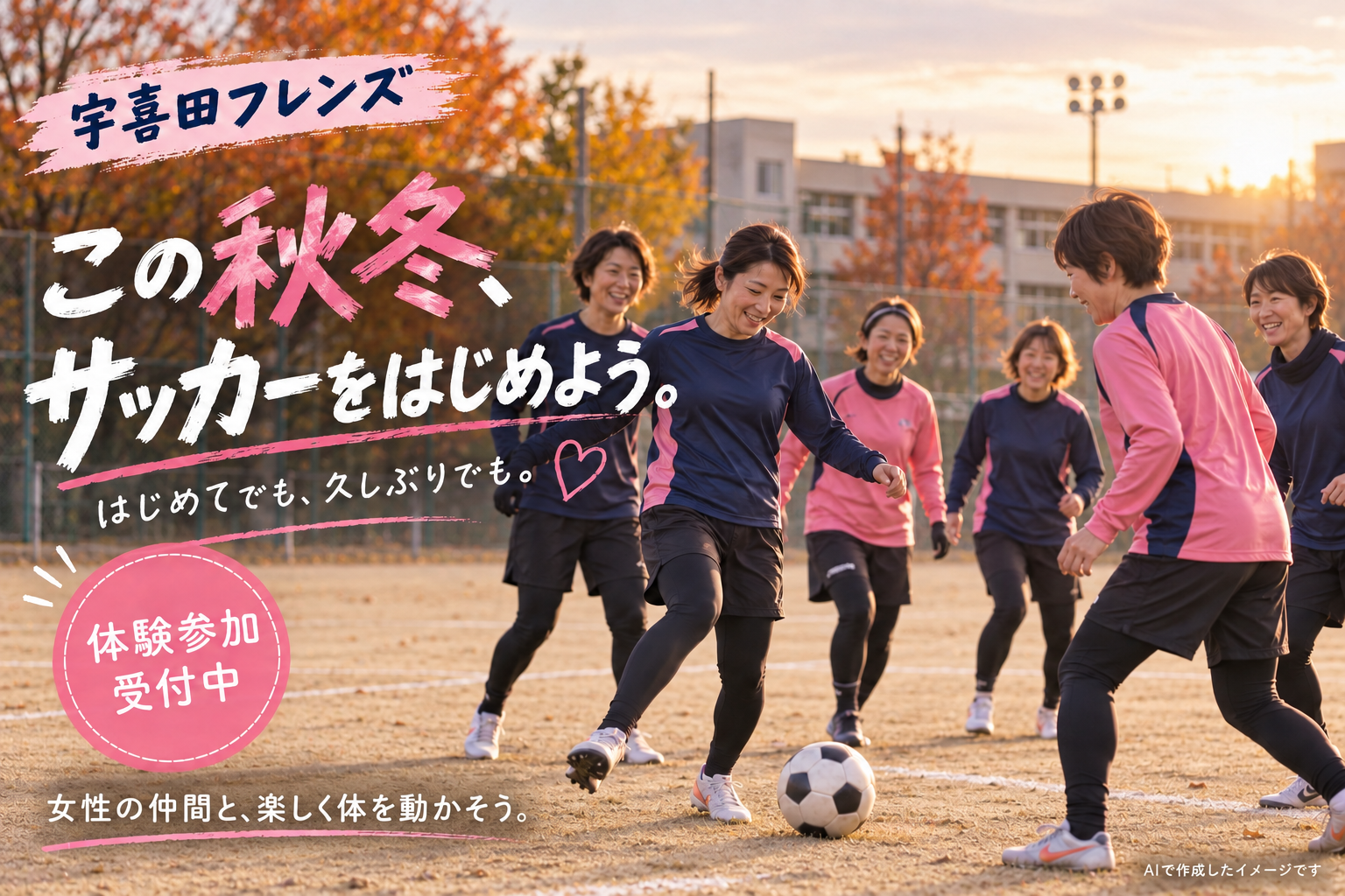 宇喜田フレンズ：秋冬の中学校の土のグラウンドを想定した女性の体験募集イメージ。AIで作成したイメージです