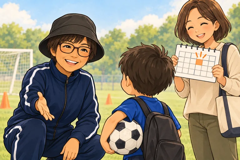 吉田コーチが週1回の練習に来た子どもを迎えるイラスト