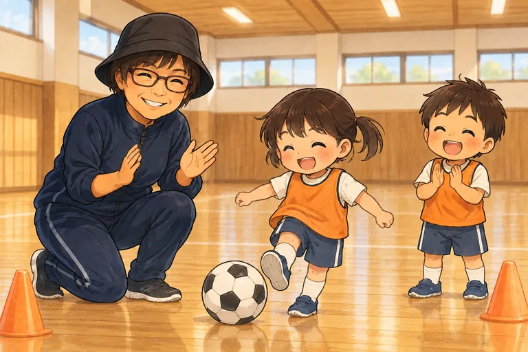 江戸川区スポーツセンターの剣道場をイメージした室内で、吉田コーチに見守られ幼稚園児がボールを蹴るイラスト