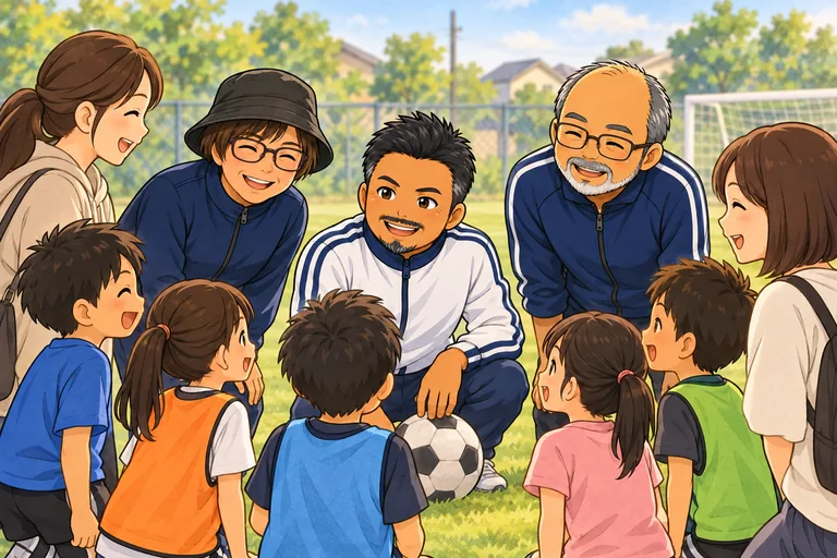 コーチ・子ども・保護者が地域のグラウンドで交流するイラスト